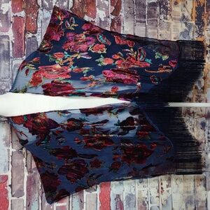 Navy Blue Mesh Kimono Jacket w/Multi Color Velvet Flowers